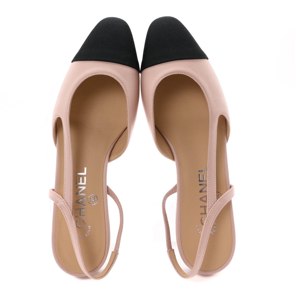 Lambskin Grosgrain Cap Toe CC Slingback Flats 36.5 Light Pink Black