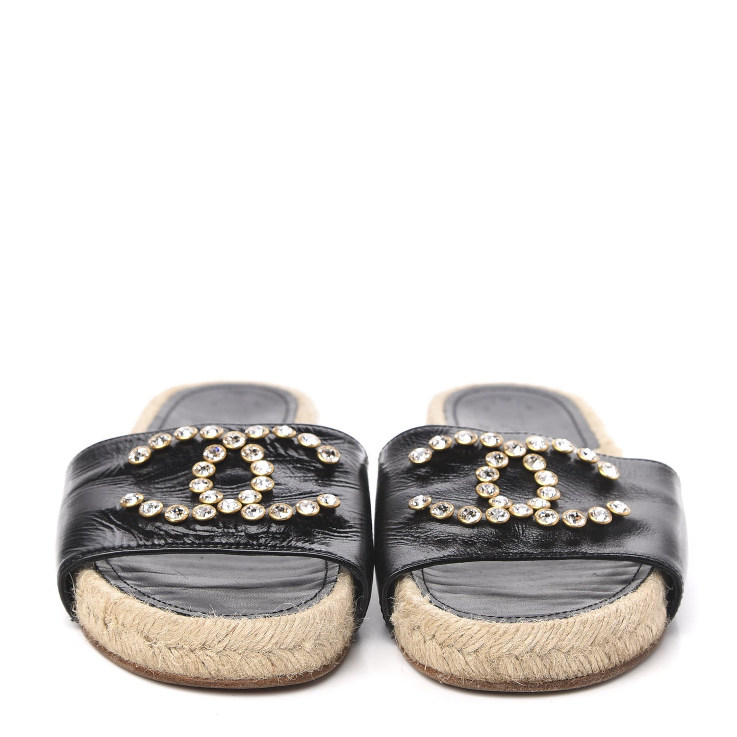 Patent Calfskin Crystal CC Espadrille Slip On Sandals 37 Black