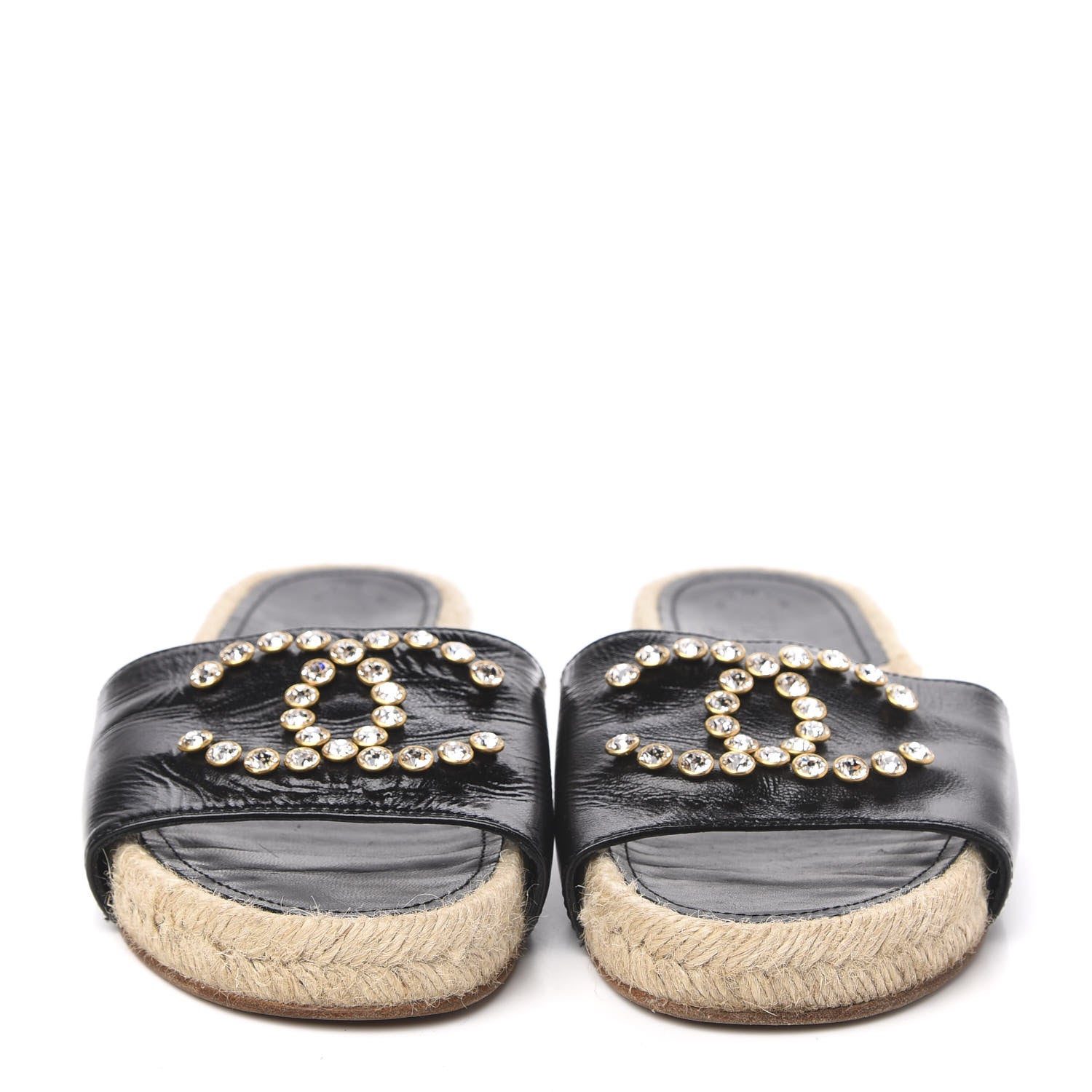 Chanel Patent Calfskin Crystal CC Espadrille Slip On Sandals 37 Black 2 of 9