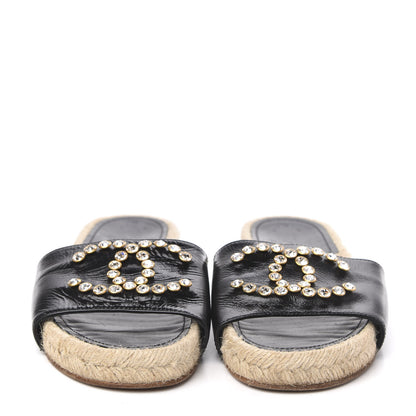 Chanel Patent Calfskin Crystal CC Espadrille Slip On Sandals 37 Black 2 of 9