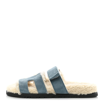 Hermes Suede Goatskin Woolskin Womens Chypre Sandals 37 Bleu Pinede Ecru 1 of 9