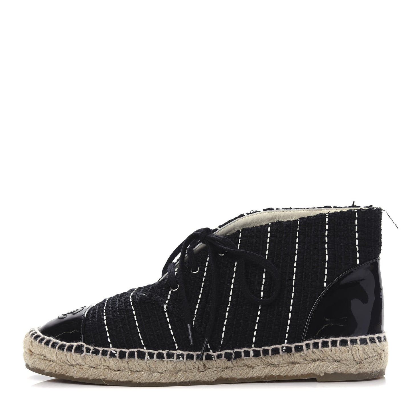 Tweed Calfskin Patent CC Lace Up Espadrilles 39 Black