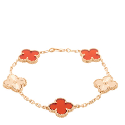 Van Cleef & Arpels 18K Rose Gold Carnelian 5 Motifs Guilloche Vintage Alhambra Bracelet 1 of 4