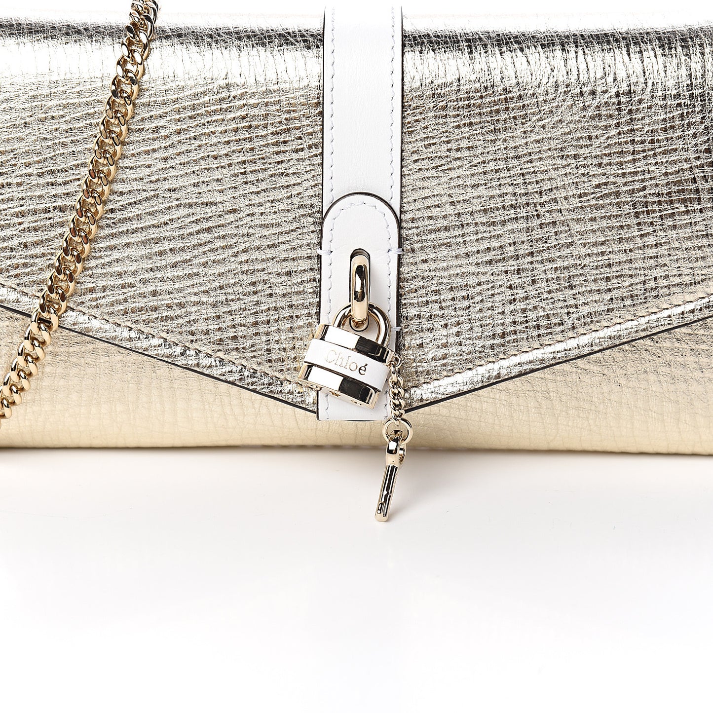 Metallic Textured Calfskin Aby Chain Wallet Gold