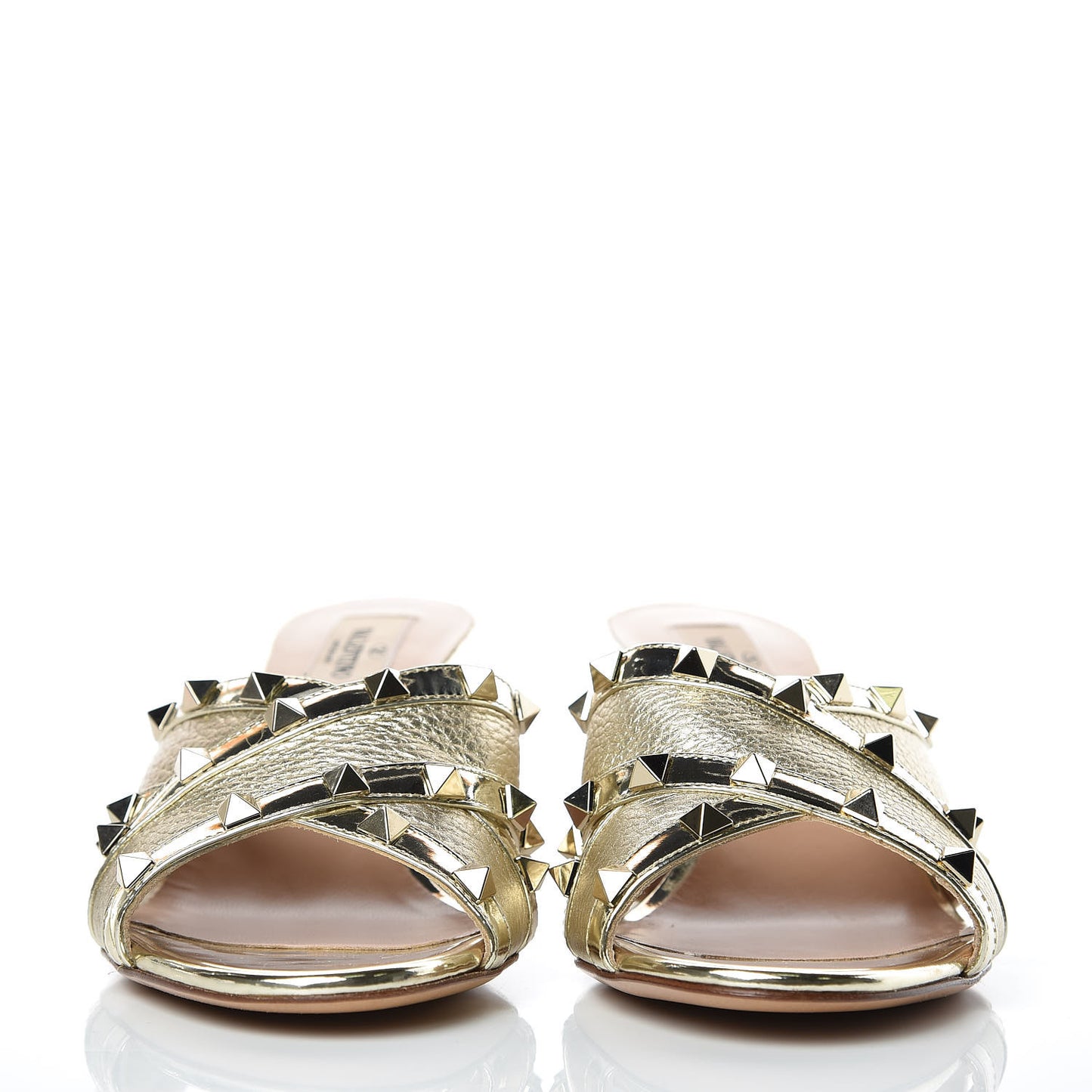 Metallic Pebbled Calfskin Rockstud Crisscross Slide 60mm Sandals 39 Platino
