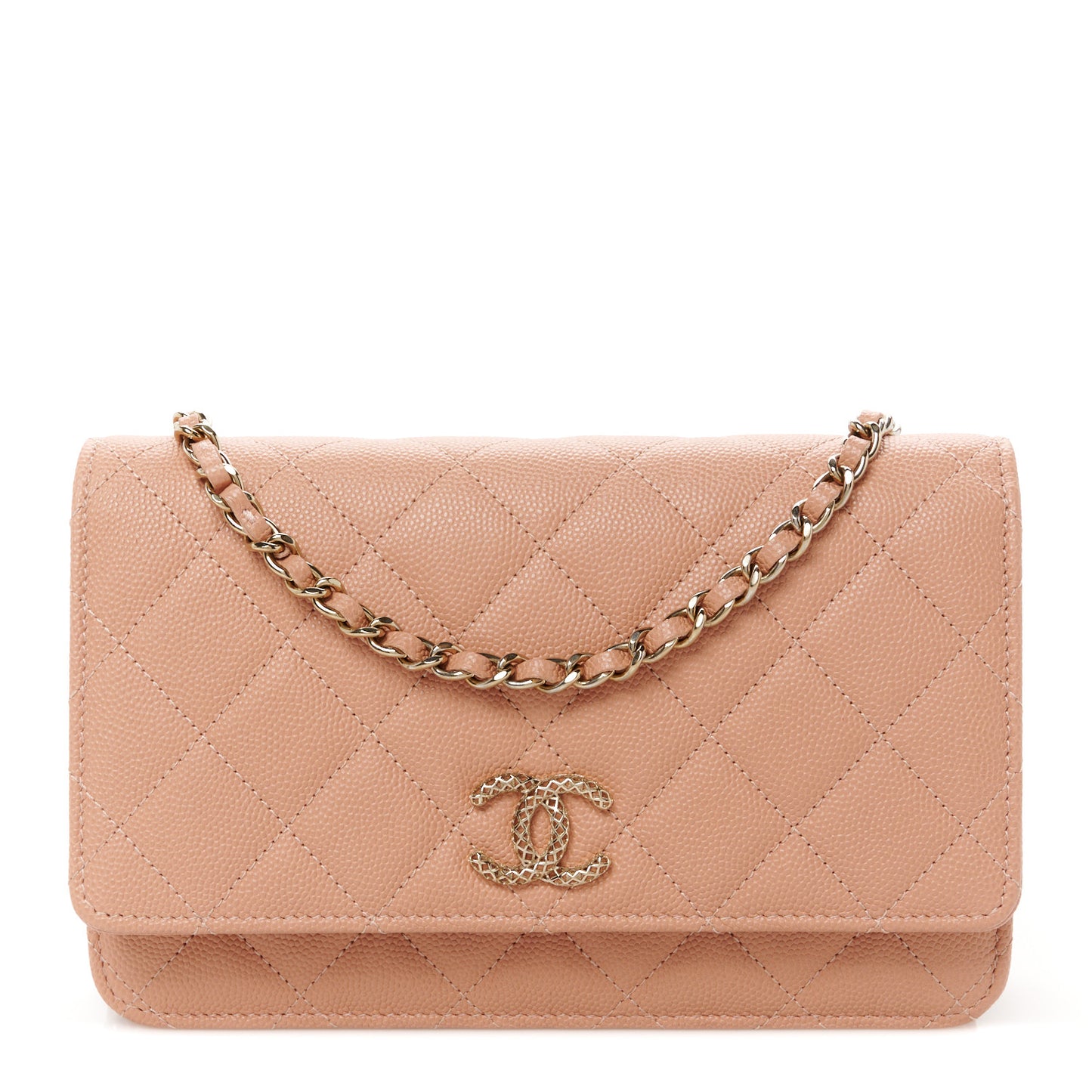 Caviar Quilted Perforated Metal CC Wallet On Chain WOC Beige
