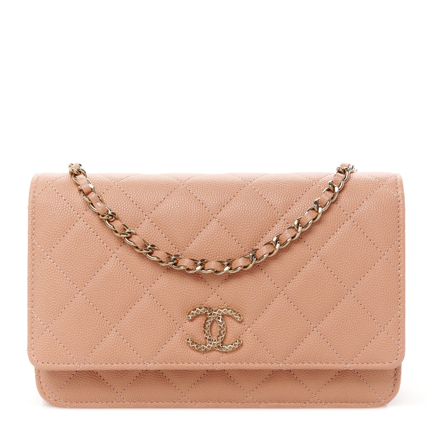 Chanel Caviar Quilted Perforated Metal CC Wallet On Chain WOC Beige 1 of 11