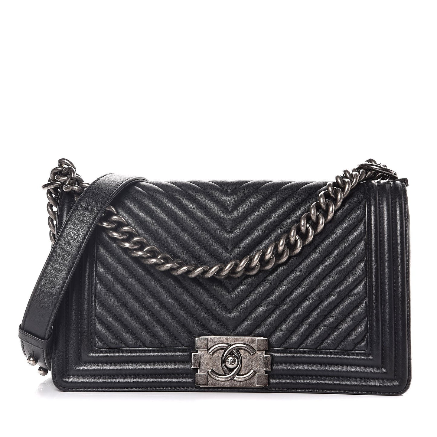 Calfskin Chevron Quilted Medium Boy Flap Dark Navy Blue