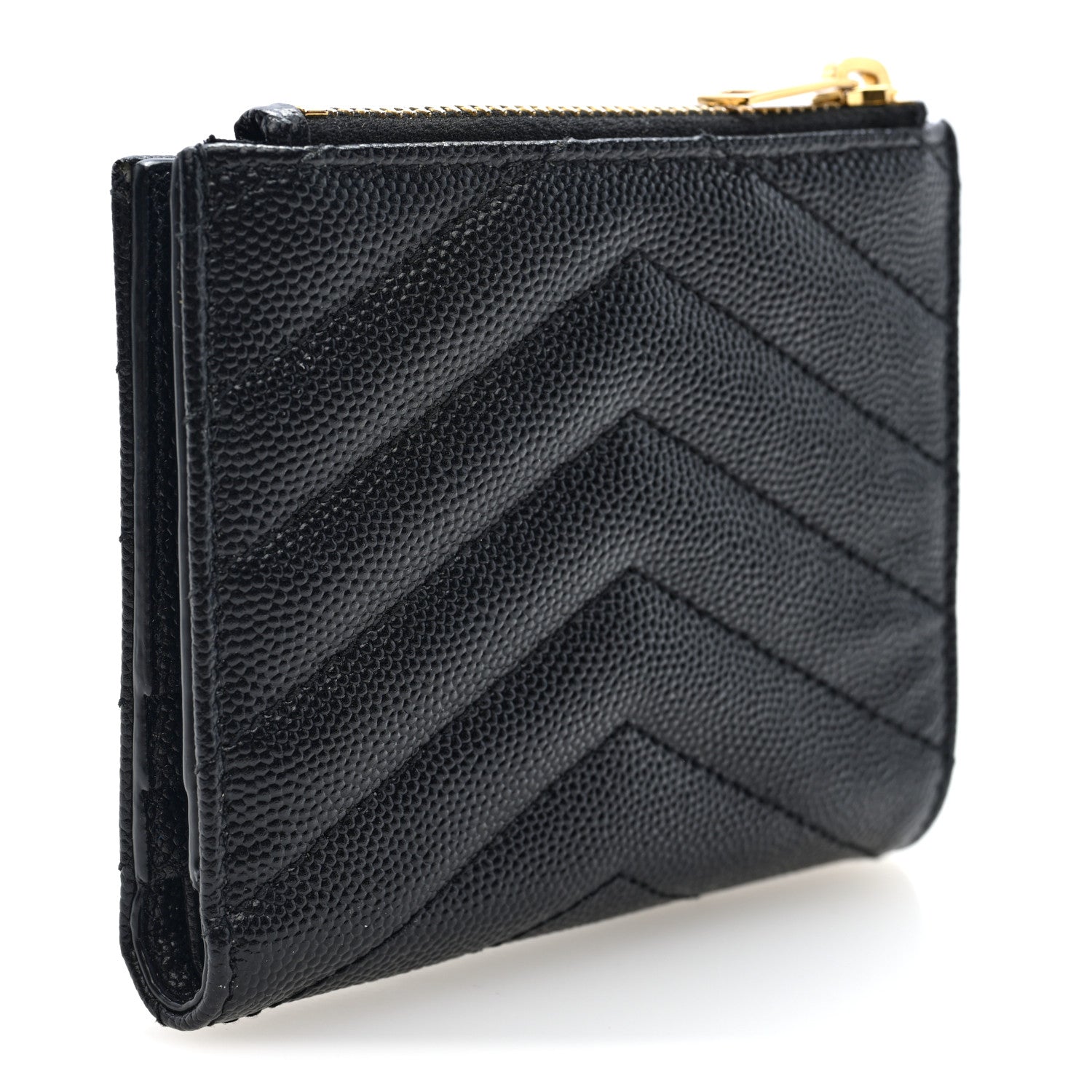 Saint Laurent Grain De Poudre Matelasse Chevron Monogram Zipped Card Case Black 3 of 7