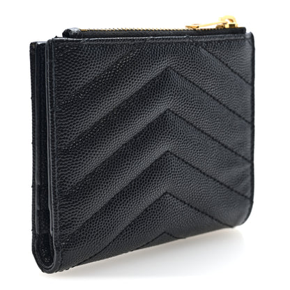 Saint Laurent Grain De Poudre Matelasse Chevron Monogram Zipped Card Case Black 3 of 7