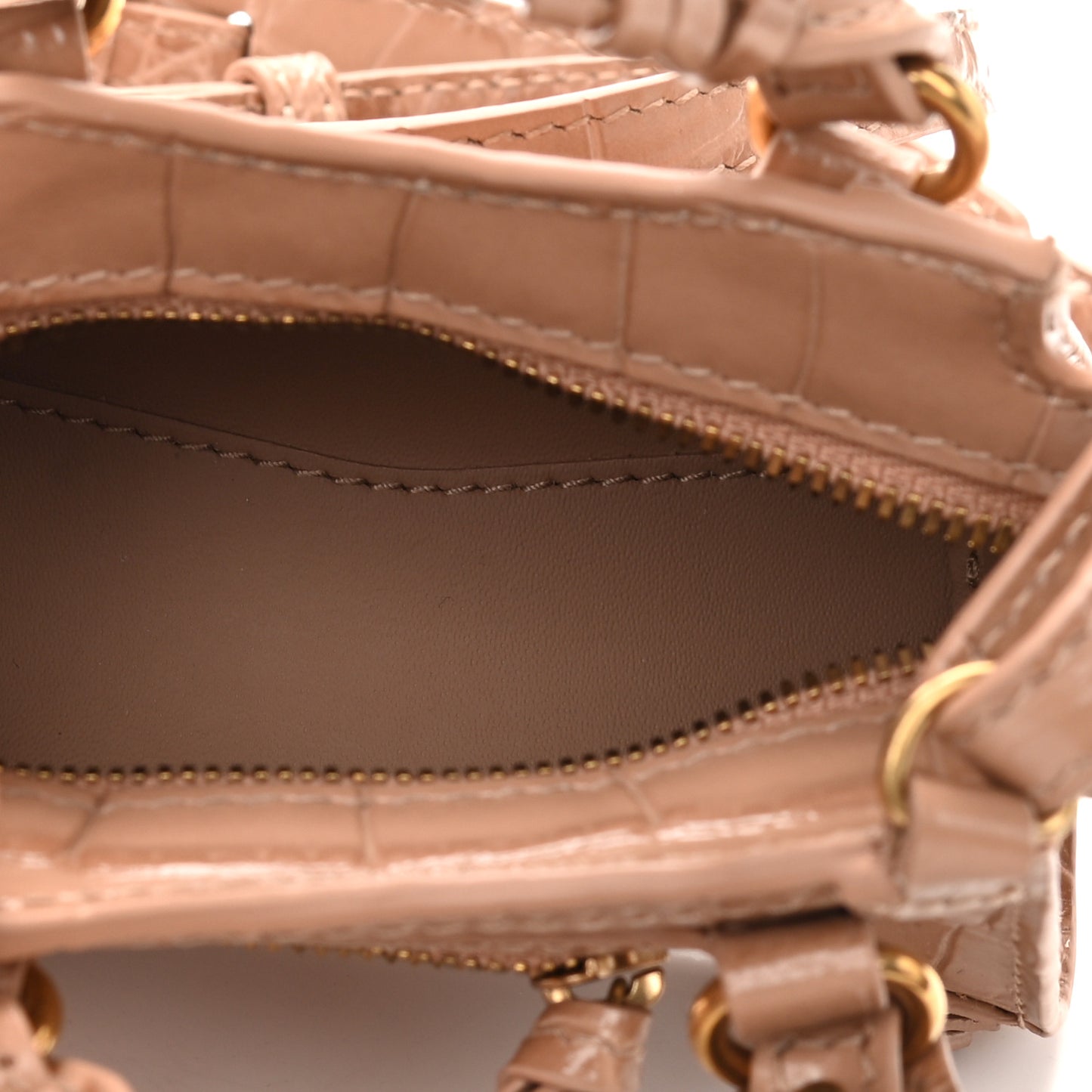 Shiny Supple Calfskin Crocodile Embossed Neo Classic Gold Hardware Super Nano City Crossbody Nude Beige