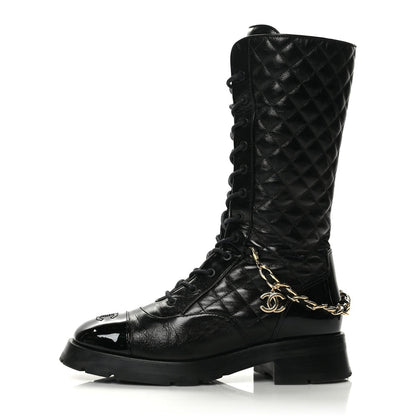 Chanel Shiny Calfskin Patent Quilted Chain Lace Up Combat Boots 40 Black 1 of 9