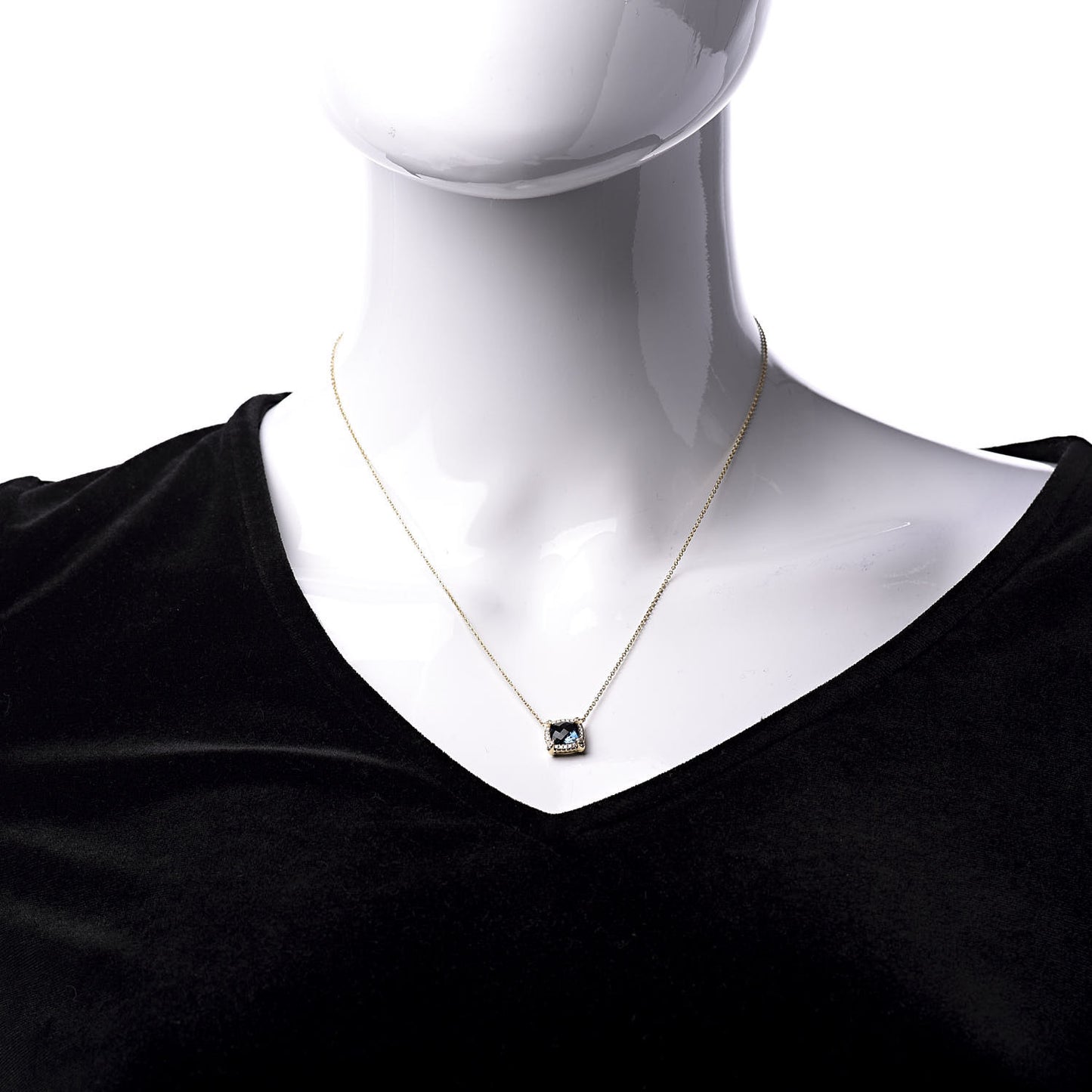 18K Yellow Gold Diamond Hampton Blue Topaz 7mm Petite Chatelaine Pave Bezel Pendant Necklace