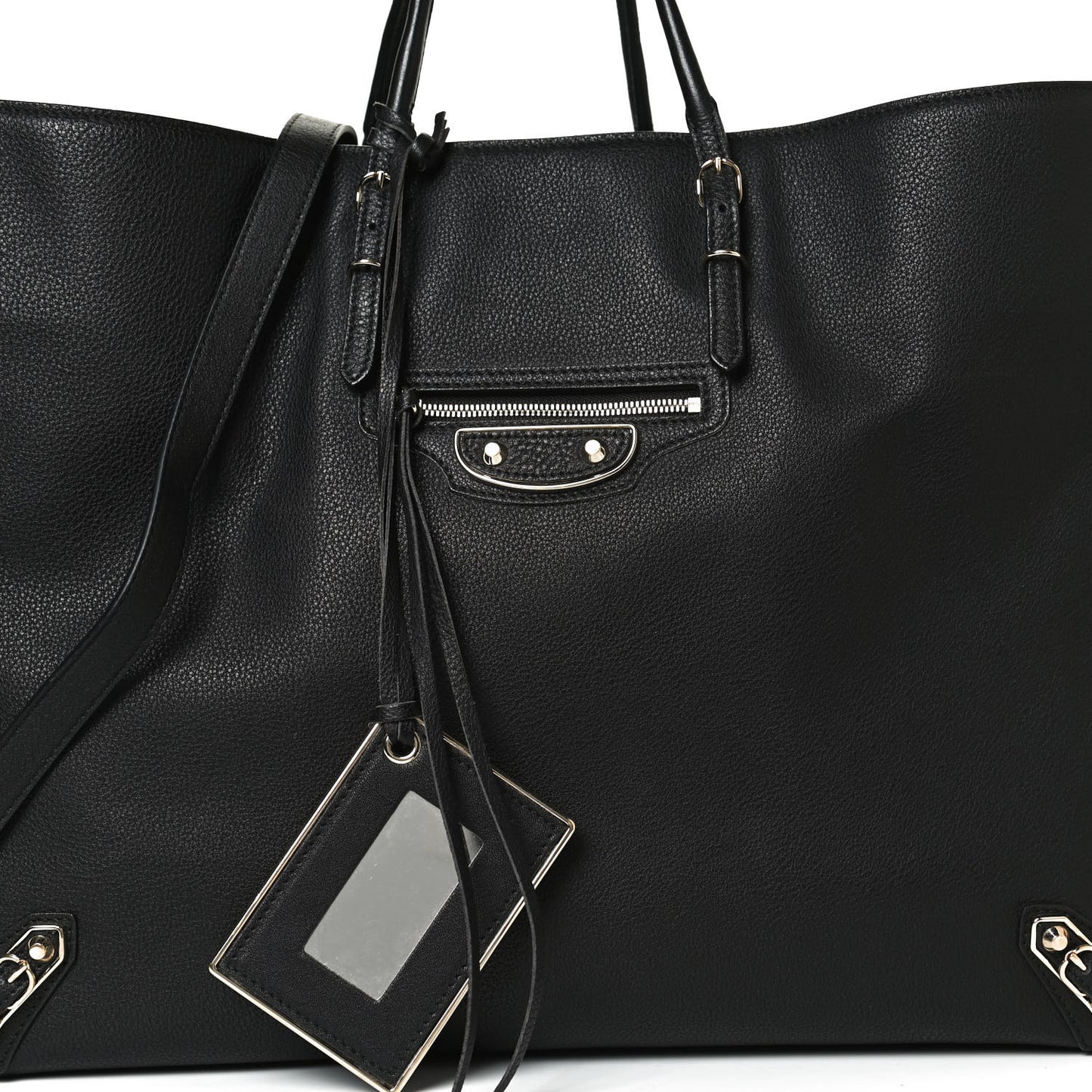 Grained Calfskin Silver Metallic Edge Hardware Papier A4 Tote Black
