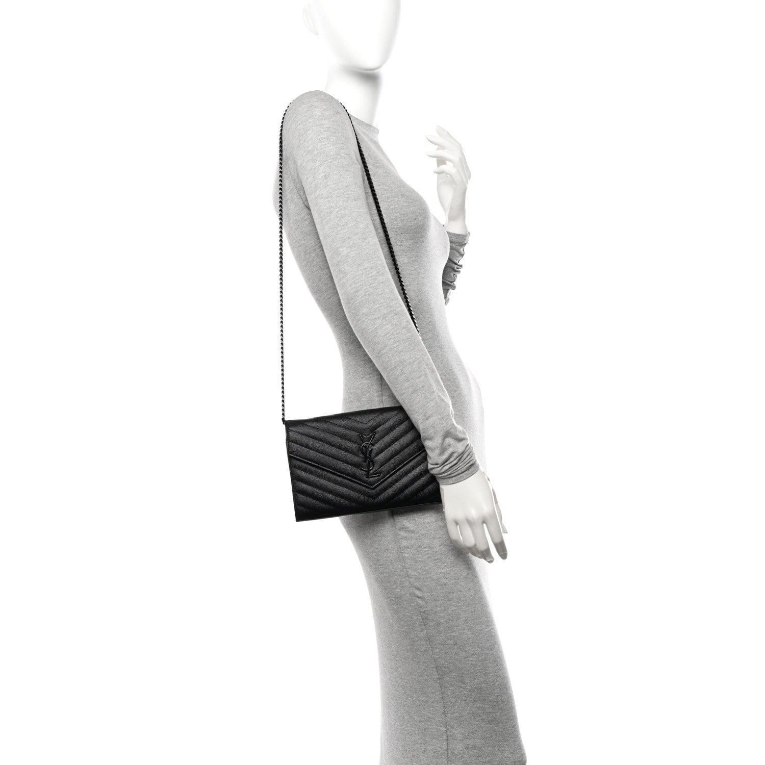 Saint Laurent Grain De Poudre Matelasse Chevron Monogram Monochrome Chain Wallet Black 3 of 10