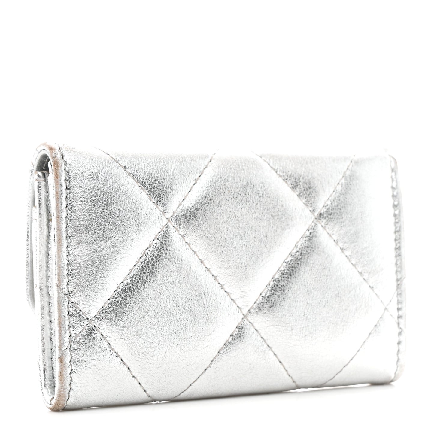 Metallic Goatskin Quilted Chanel 19 Flap Card Holder Silver