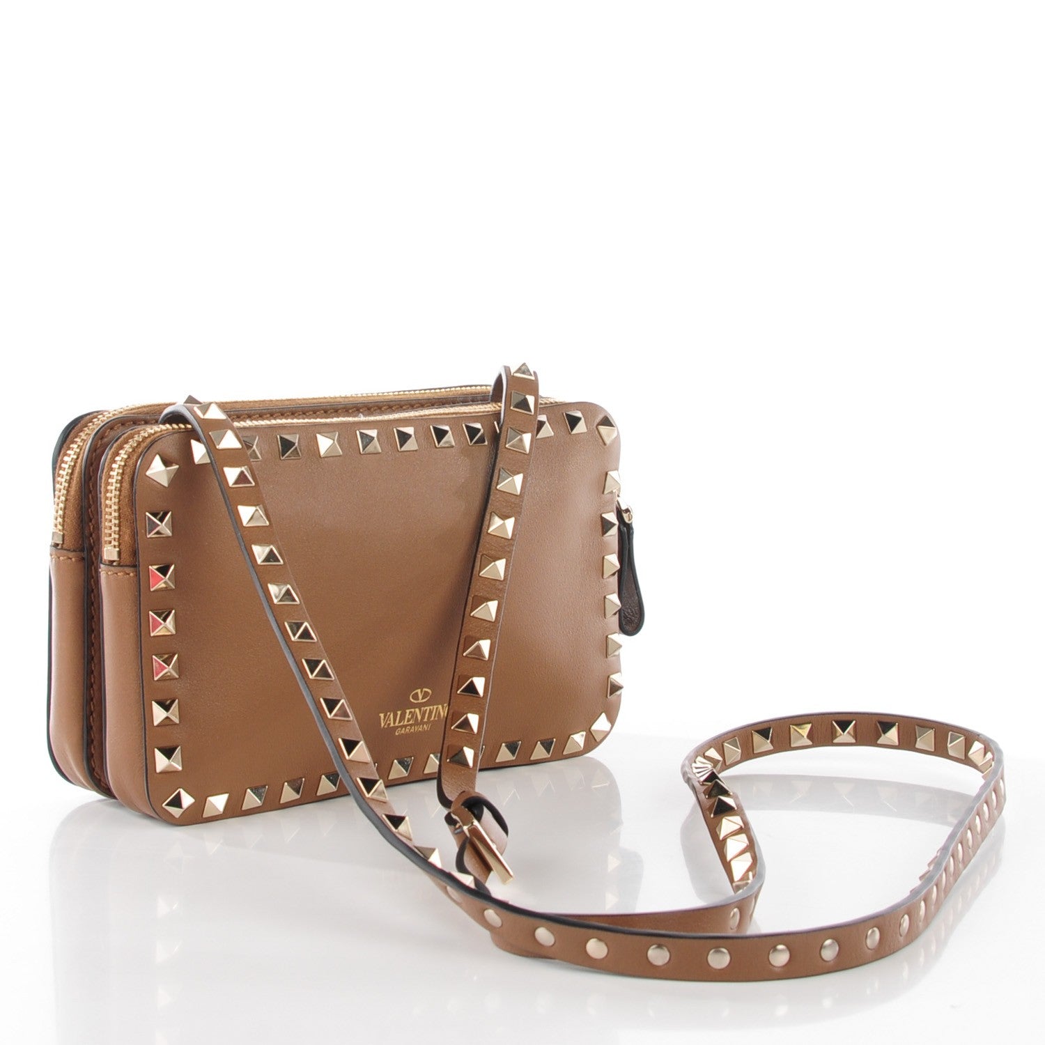Valentino Garavani Vitello Rockstud Double Zip Compartment Crossbody Bag Nocciola 3 of 9