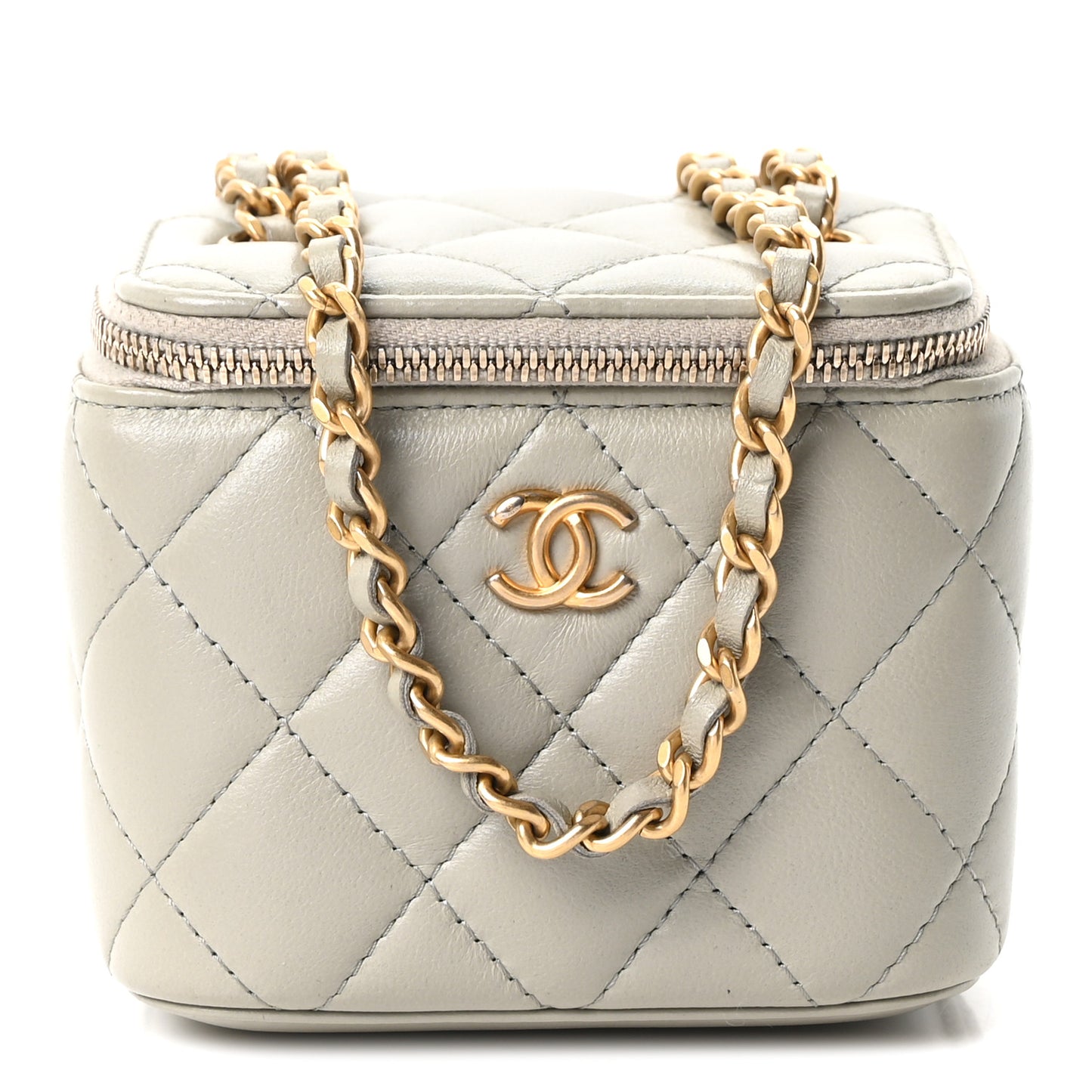 Lambskin Quilted Pearl Crush Mini Vanity Case With Chain Grey