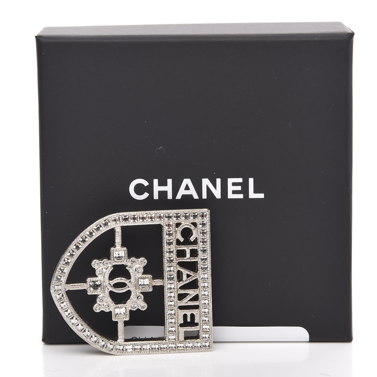 Chanel Swarovski Baguette Crystal CC Shield Brooch Silver 3 of 3