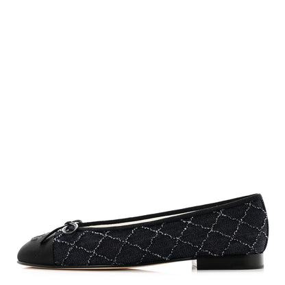 Chanel Denim Quilted Grosgrain Cap Toe Ballerina Flats 37 Dark Blue Black 1 of 9