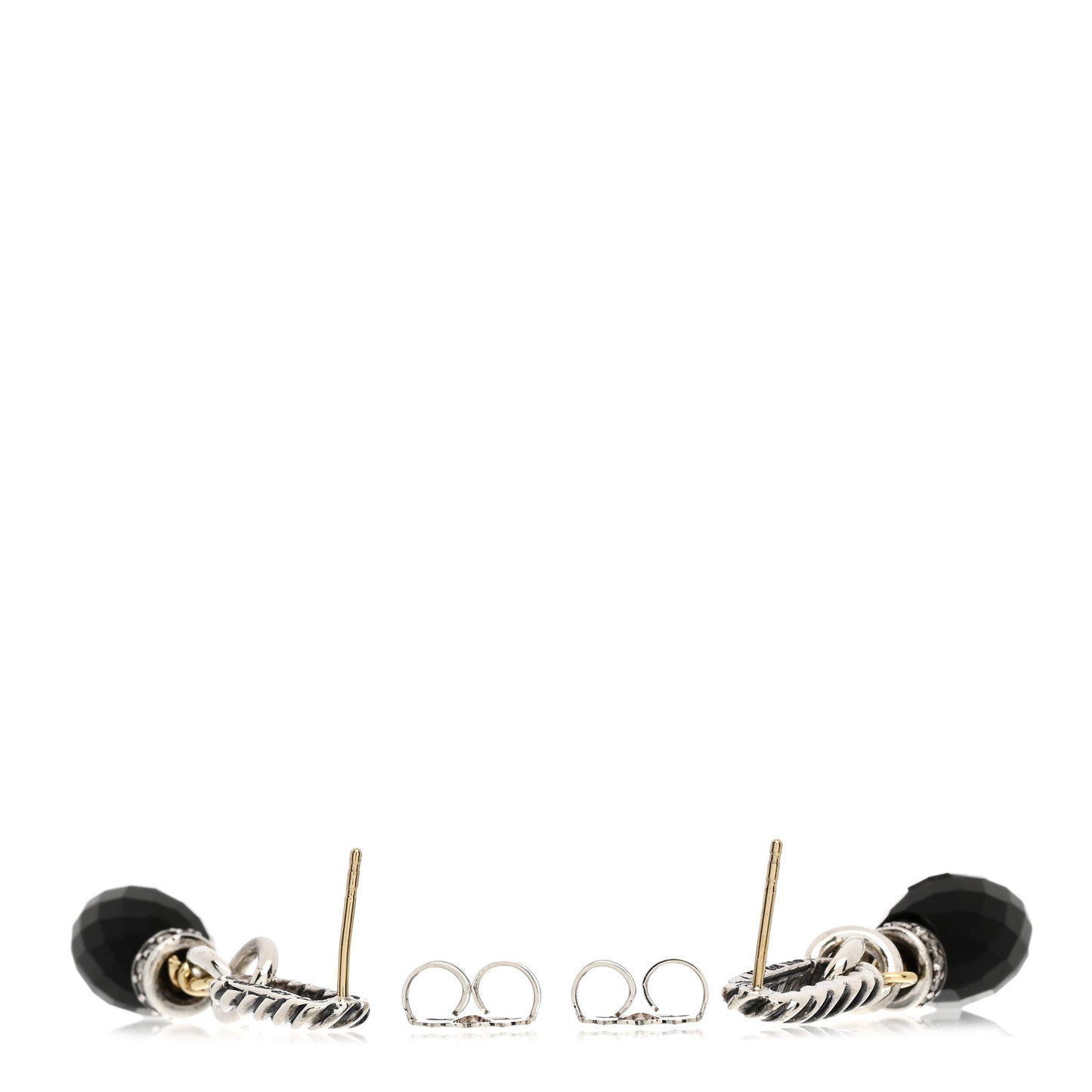 Sterling Silver 18K Yellow Gold Diamond Onyx Figaro Drop Earrings