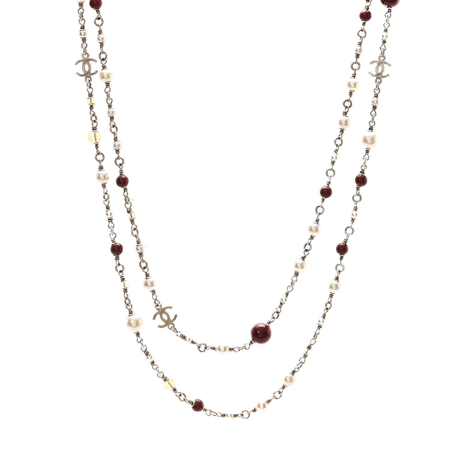 Pearl Bead Multi Strand CC Long Necklace Gold White Burgundy Yellow