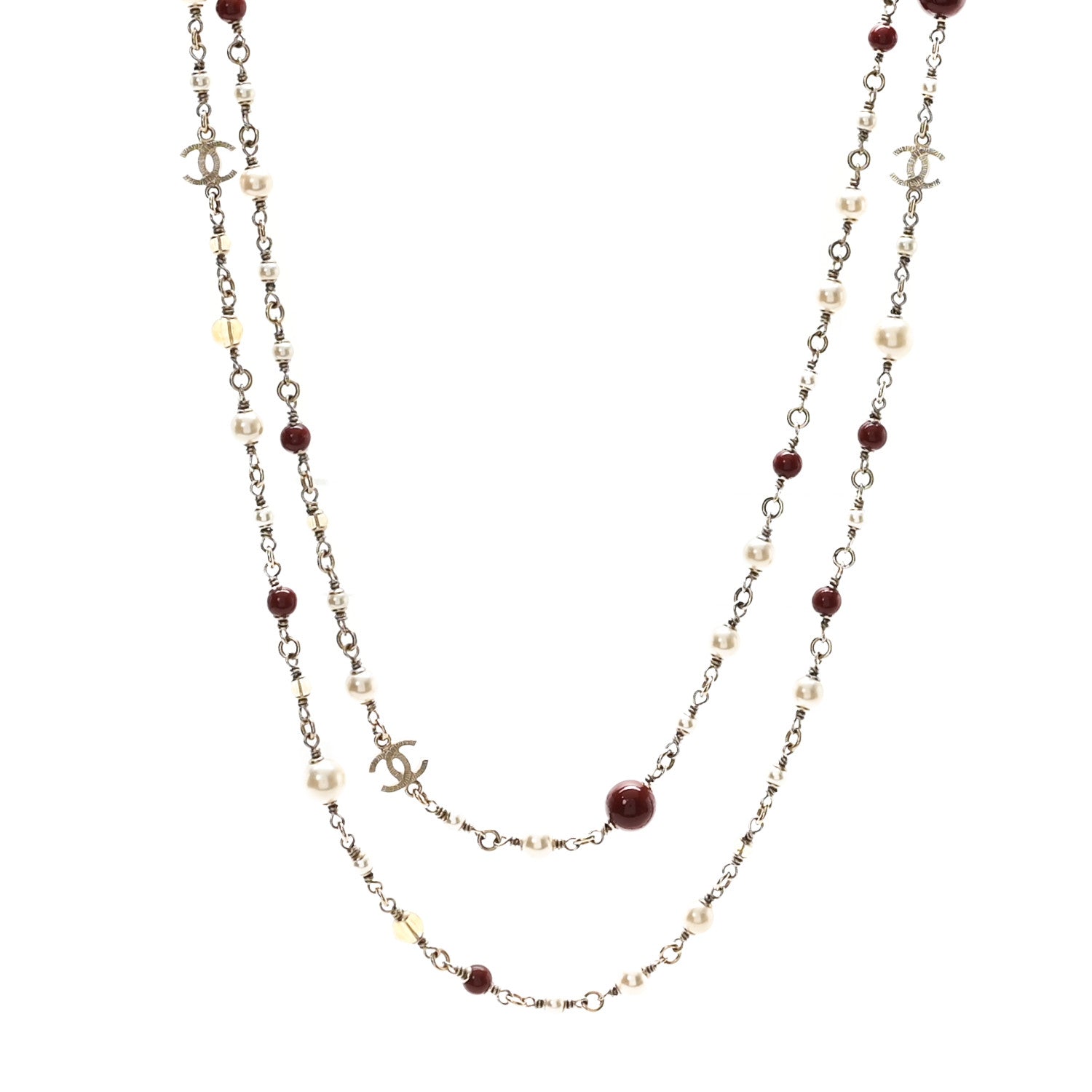 Chanel Pearl Bead Multi Strand CC Long Necklace Gold White Burgundy Yellow 1 of 5