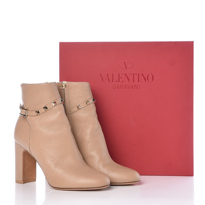 Valentino Garavani Pebbled Calfskin Rockstud Single Buckle 90mm Block Heel Ankle Boots 38.5 Camel Rose 8 of 8