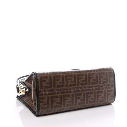Fendi Glazed Fabric Vitello Century Plexiglass FF 1974 Stamp Patch Small Runaway Shopper Tote Mogano Panna Black 3 of 10