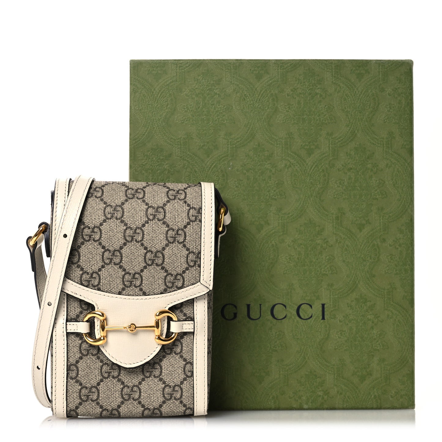 GG Supreme Monogram Azalea Calfskin Mini Horsebit 1955 Crossbody Bag Beige Ebony Mystic White