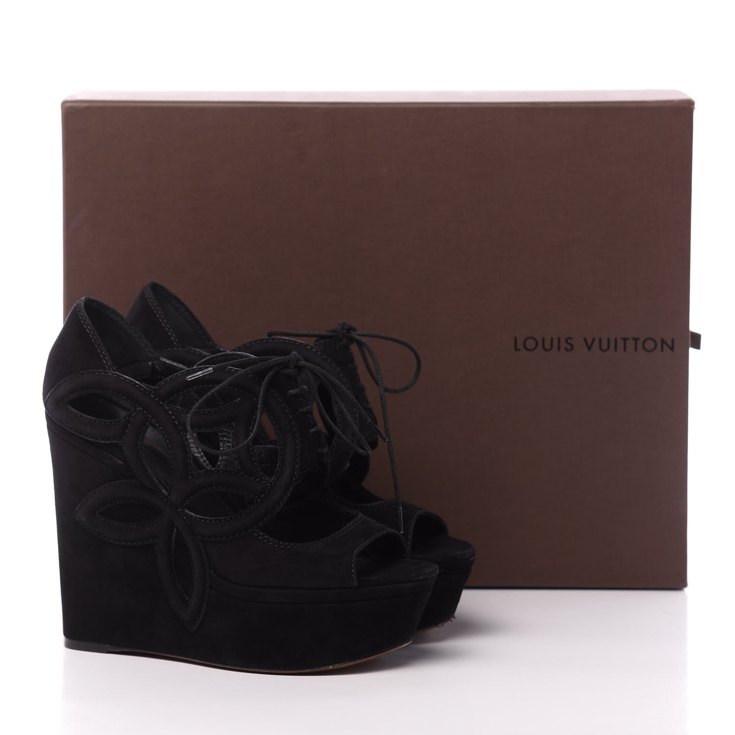 Louis Vuitton Suede Cutout Wedge Sandals 37 Black 8 of 8