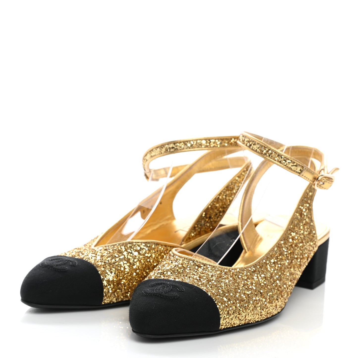 Glitter Grosgrain Cap Toe CC Ankle Wrap Pumps 39.5 Gold Black