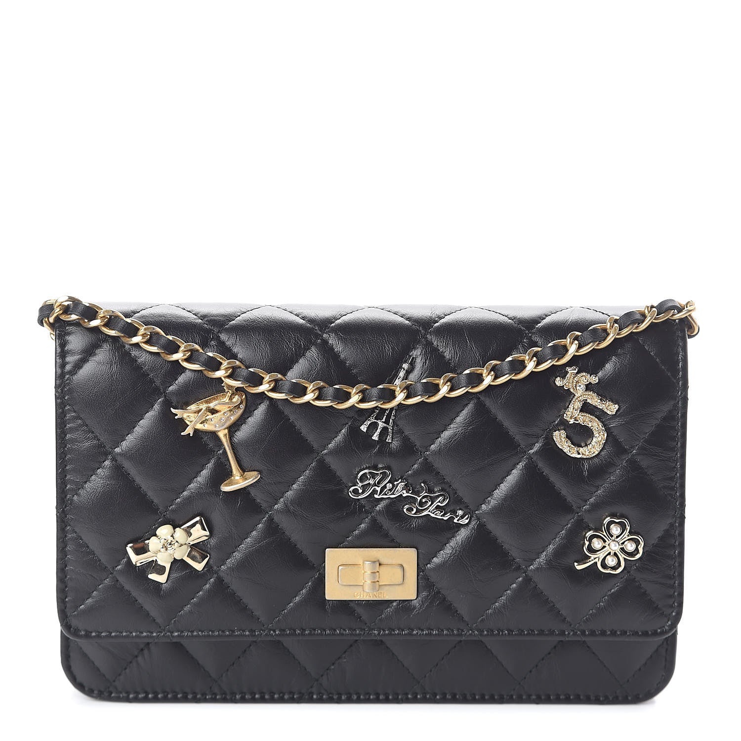 Chanel Aged Calfskin Quilted Lucky Charms 2.55 Reissue Wallet On Chain WOC Black 1 of 12