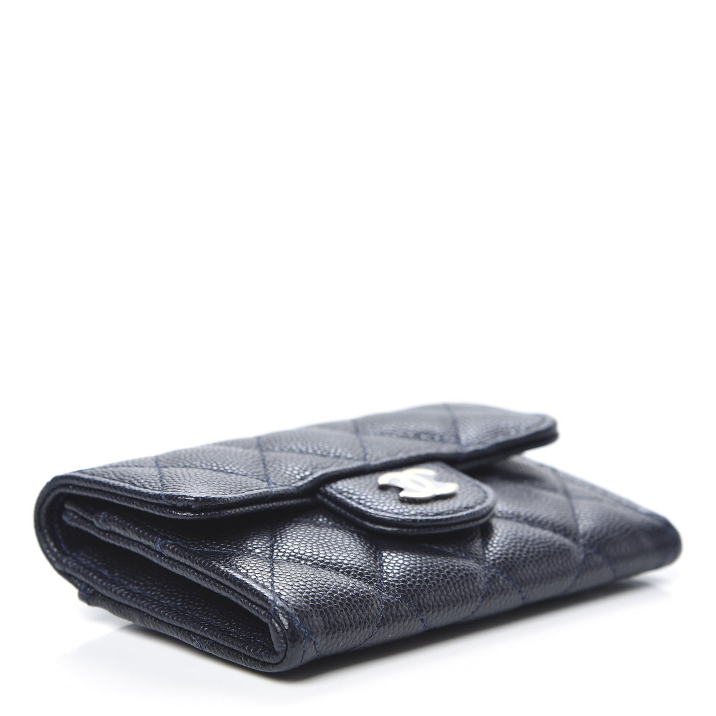 Caviar Quilted Flap Card Holder Wallet Navy Blue