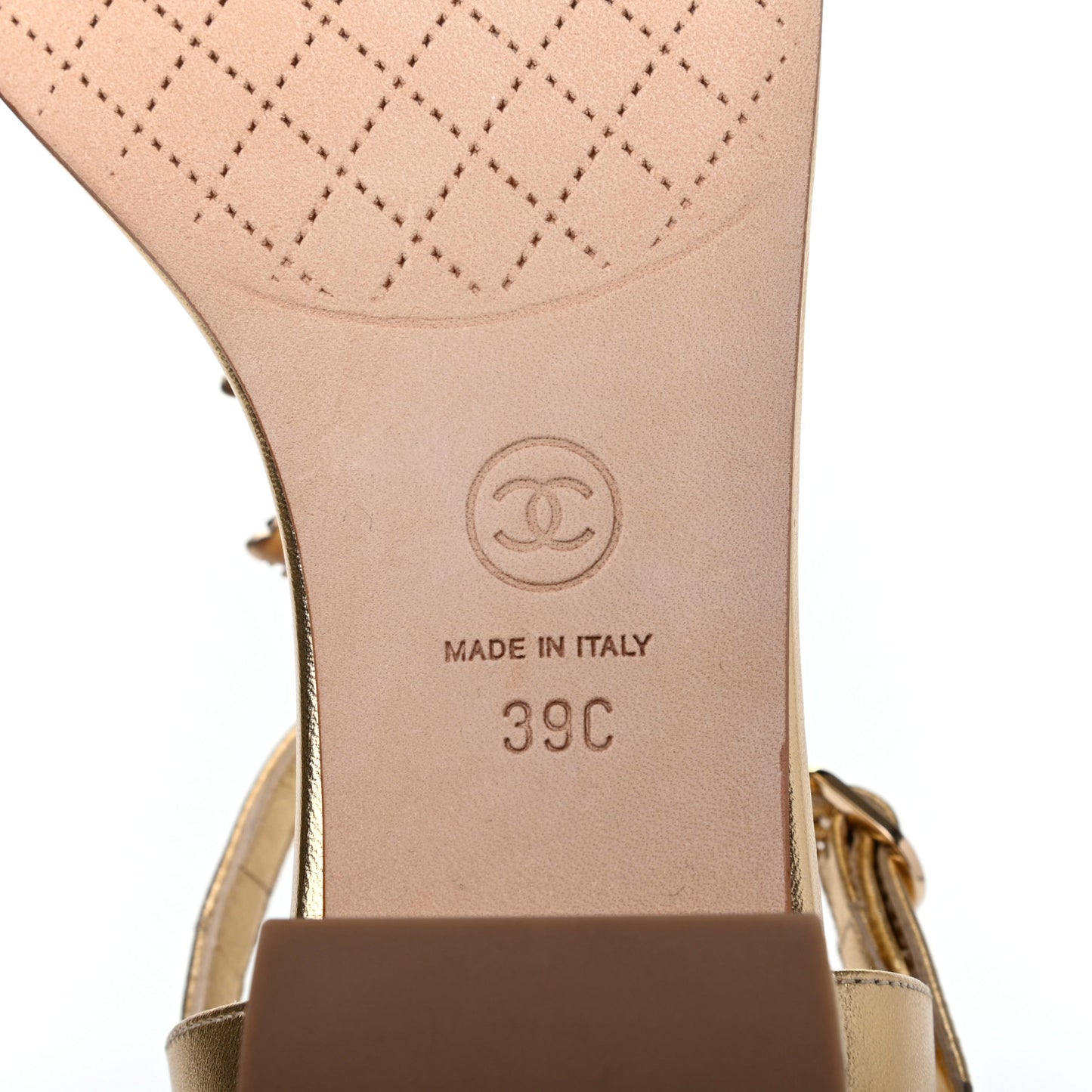 Laminated Lambskin Quilted CC Pearl Thong Sandals 39 Gold