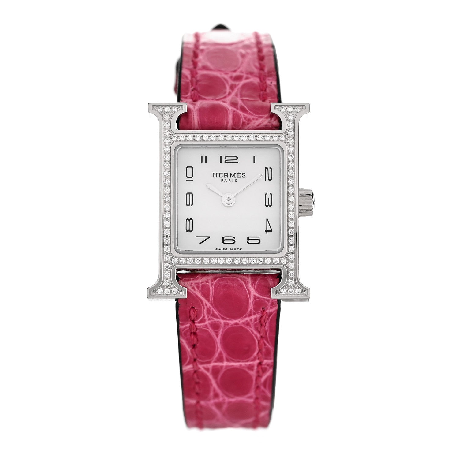 Hermes Stainless Steel Alligator Diamond Bezel Mother of Pearl 17.2mm Heure H Hour Quartz Watch Framboise 1 of 7