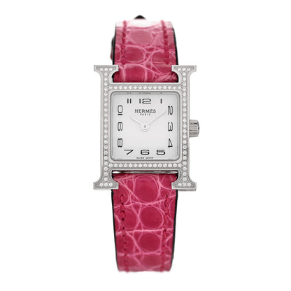 Hermes Stainless Steel Alligator Diamond Bezel Mother of Pearl 17.2mm Heure H Hour Quartz Watch Framboise 1 of 7