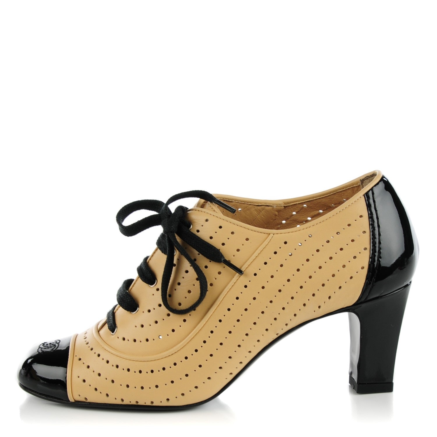 Chanel Lambskin Perforated Cap Toe Boots 37 Beige Black 1 of 8