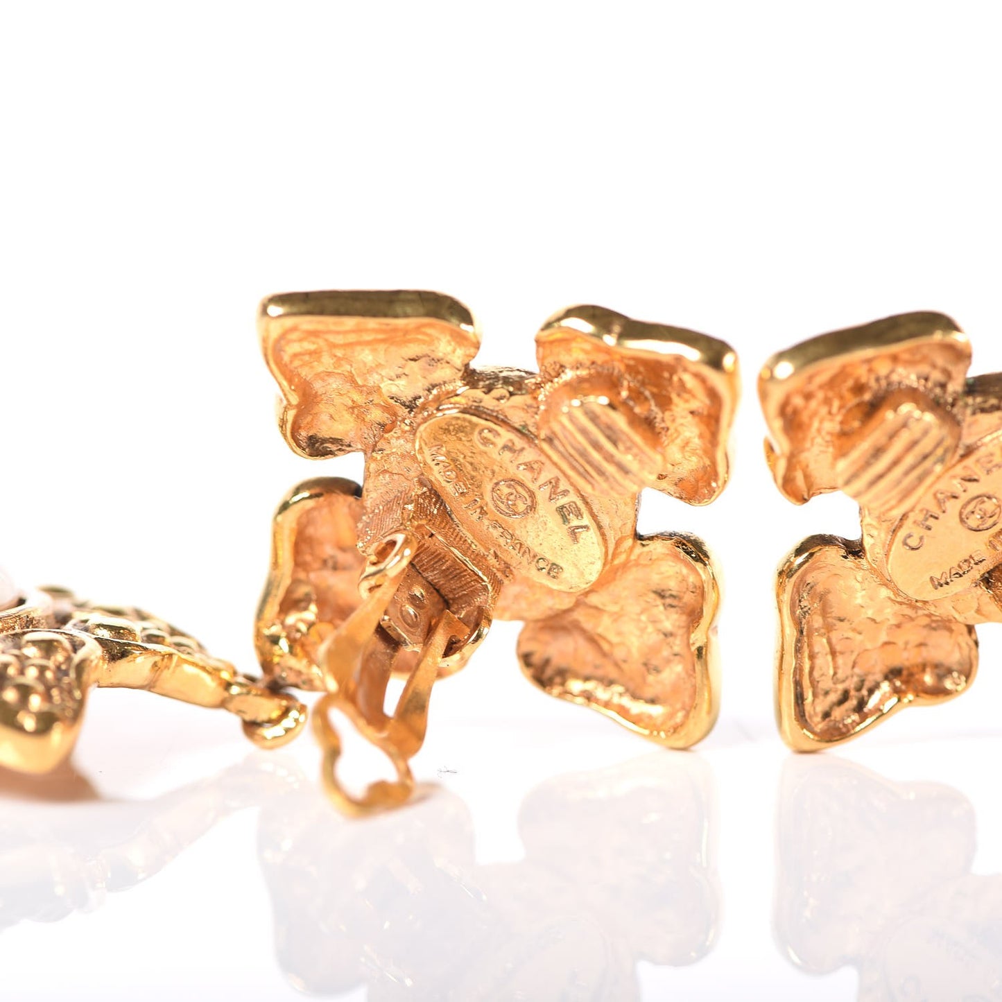 Hammered Medallion CC Dangle Clip On Earrings Gold