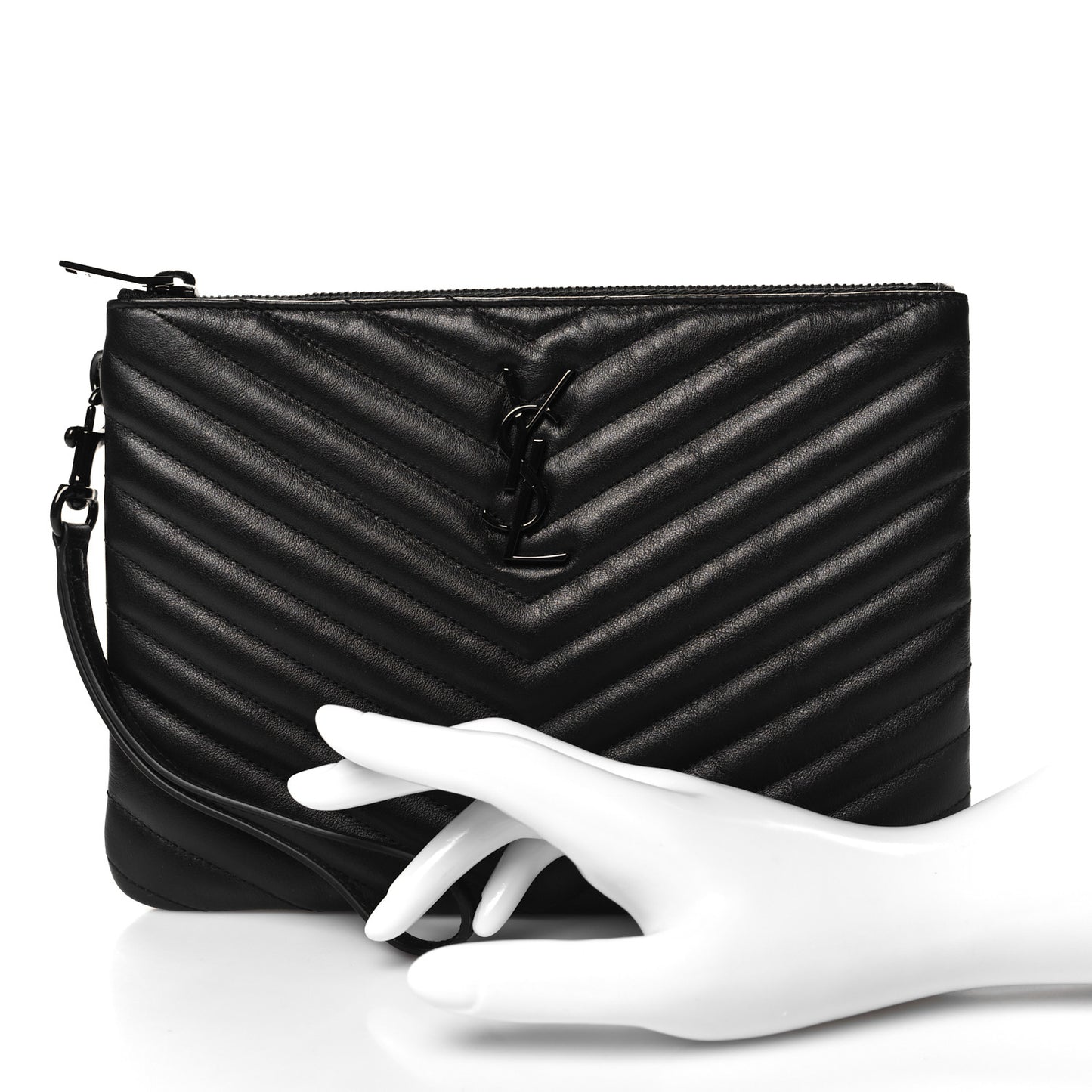 Lambskin Matelasse Chevron Monogram Monochrome A5 Wristlet Black