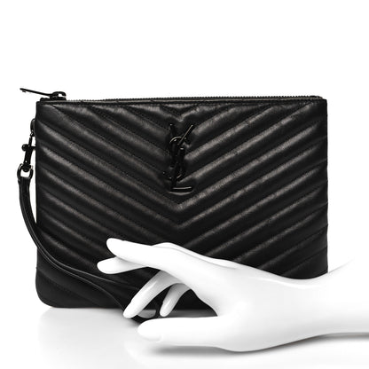 Saint Laurent Lambskin Matelasse Chevron Monogram Monochrome A5 Wristlet Black 2 of 11