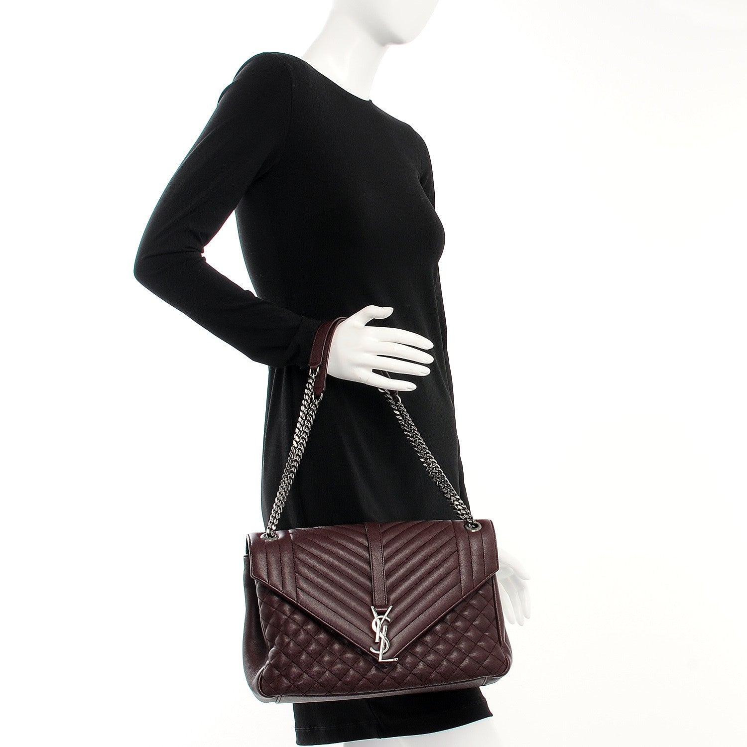 Saint Laurent Calfskin Mixed Matelasse Triquilt Large Monogram Envelope Satchel Bordeaux 2 of 9