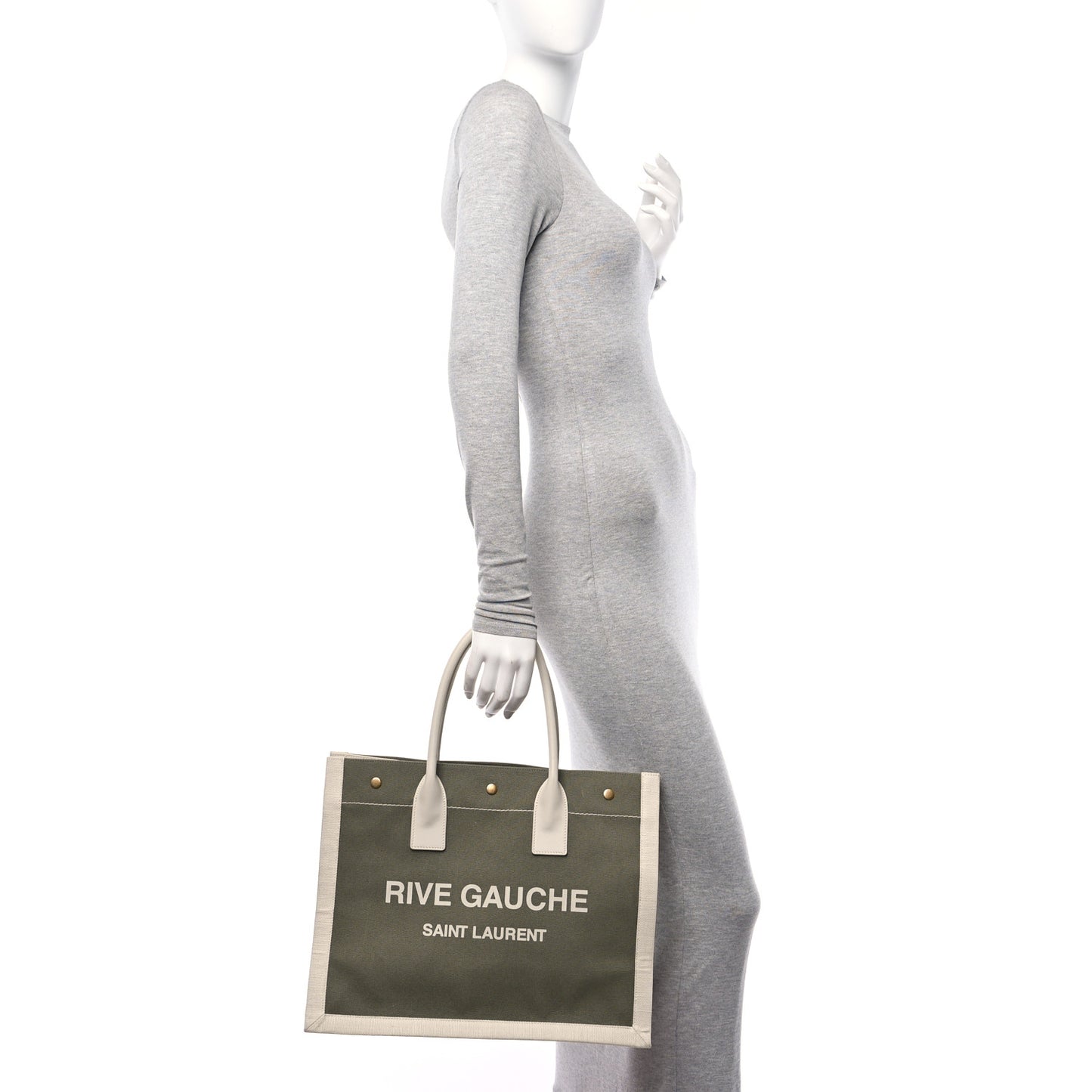 Linen Calfskin Small Rive Gauche Tote Military Green Blanc Vintage