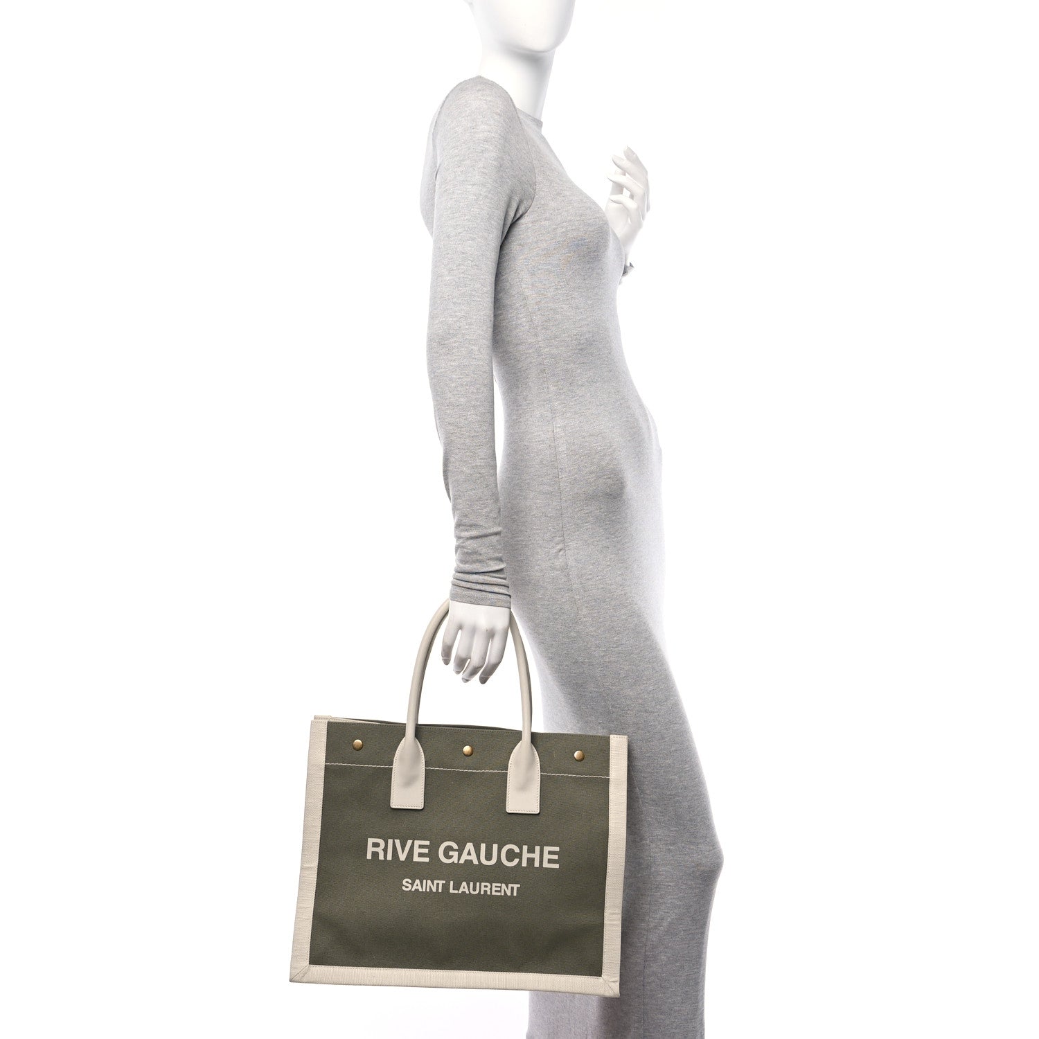 Saint Laurent Linen Calfskin Small Rive Gauche Tote Military Green Blanc Vintage 2 of 12