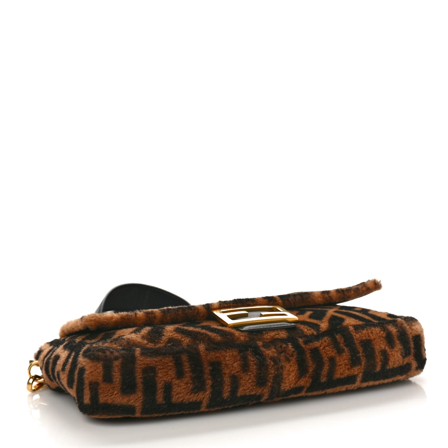 Fendi Shearling Vitello Dolce Macro FF 1974 Large Baguette Tobacco Black 4 of 8