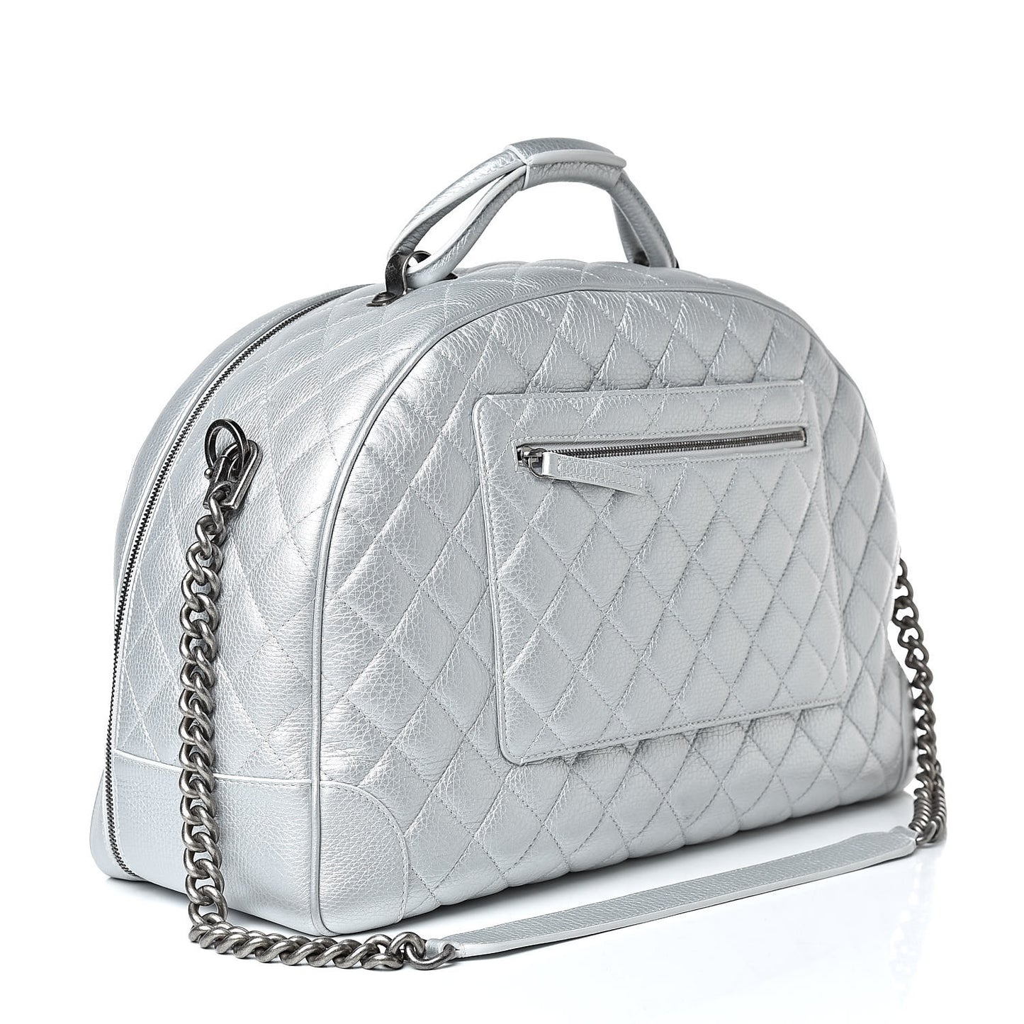 Metallic Calfskin Quilted Large Airlines Round Trip Bowling Bag Silver