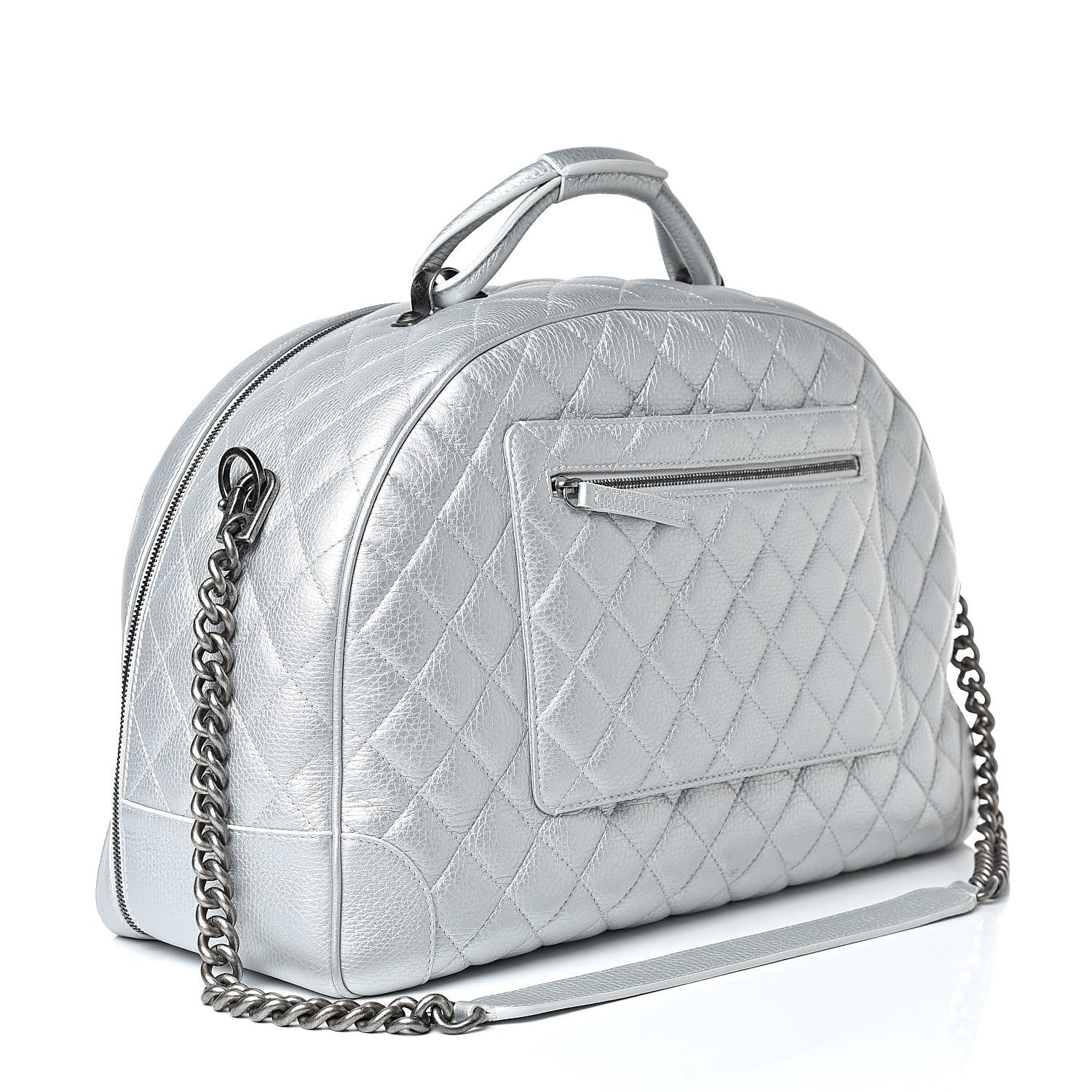 Chanel Metallic Calfskin Quilted Large Airlines Round Trip Bowling Bag Silver 3 of 14