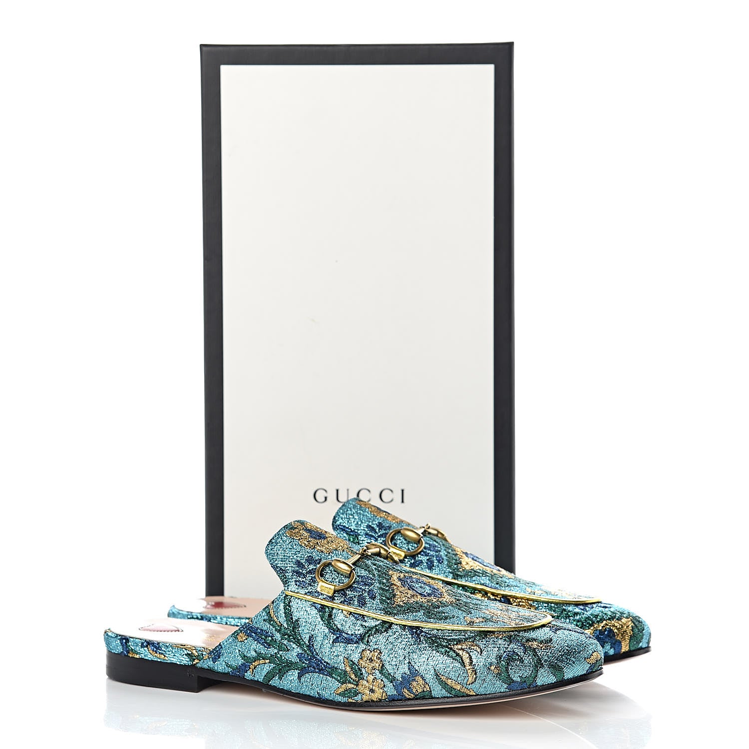 Gucci Iridescent Brocade Womens Princetown Slippers 38.5 Azure Multicolor Oro 8 of 8