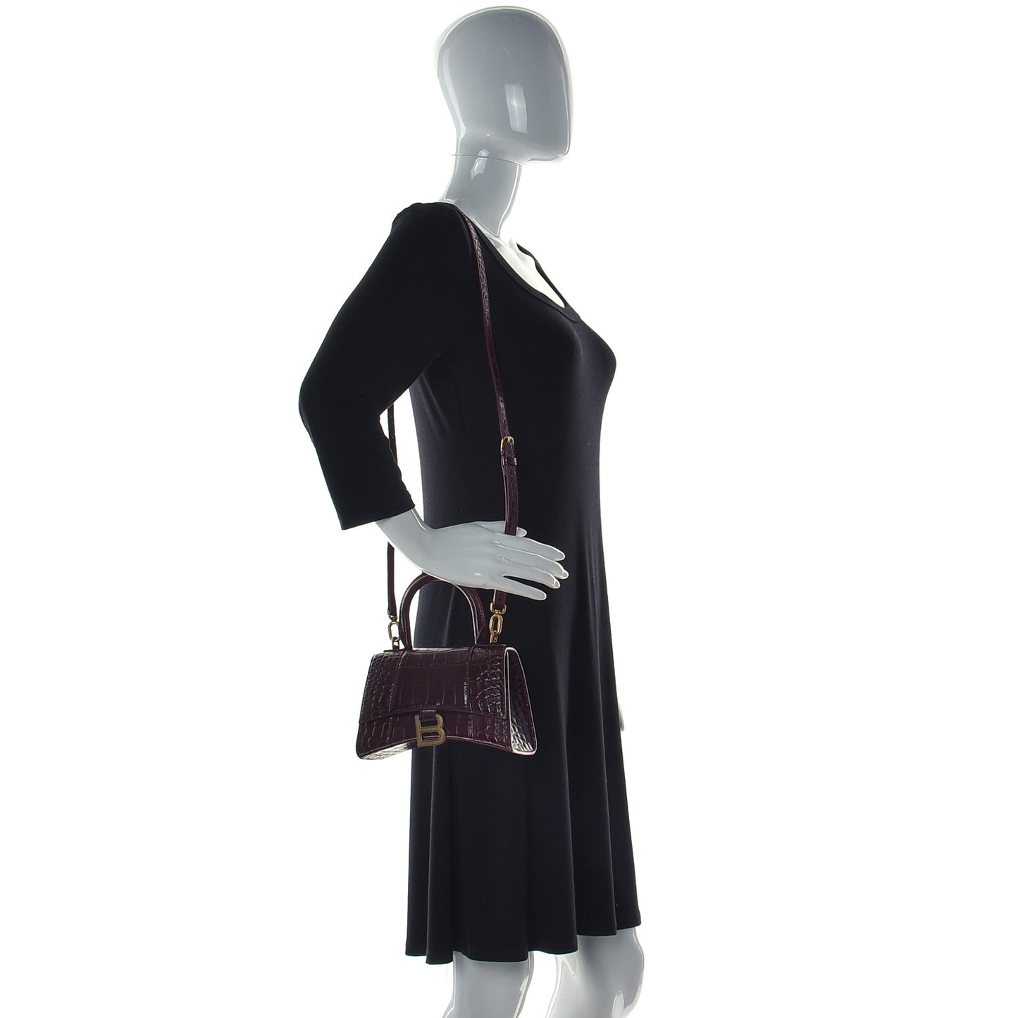 Shiny Calfskin Crocodile Embossed Hourglass Top Handle Bag XS Dark Red