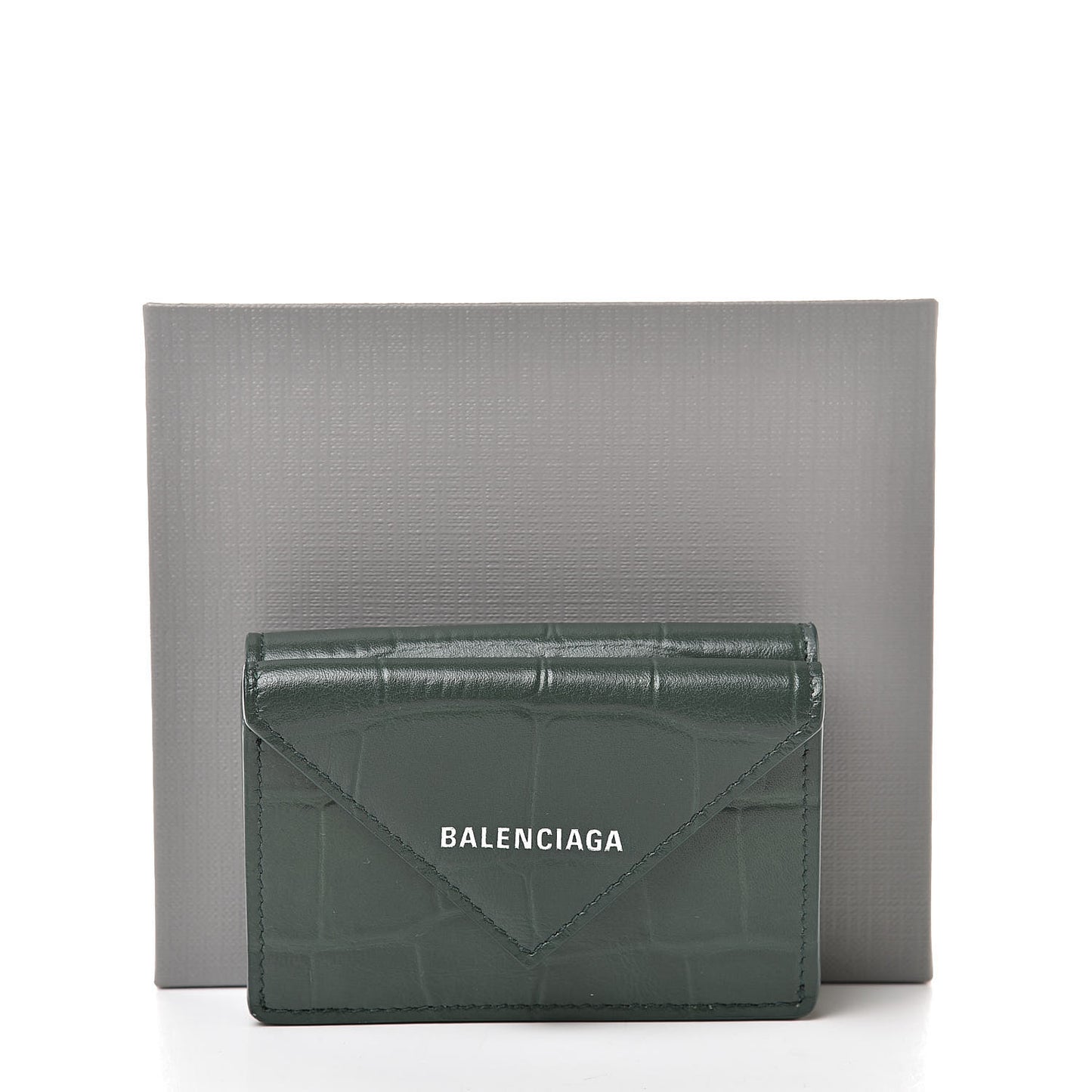 Calfskin Crocodile Embossed Mini Papier Wallet Dark Green